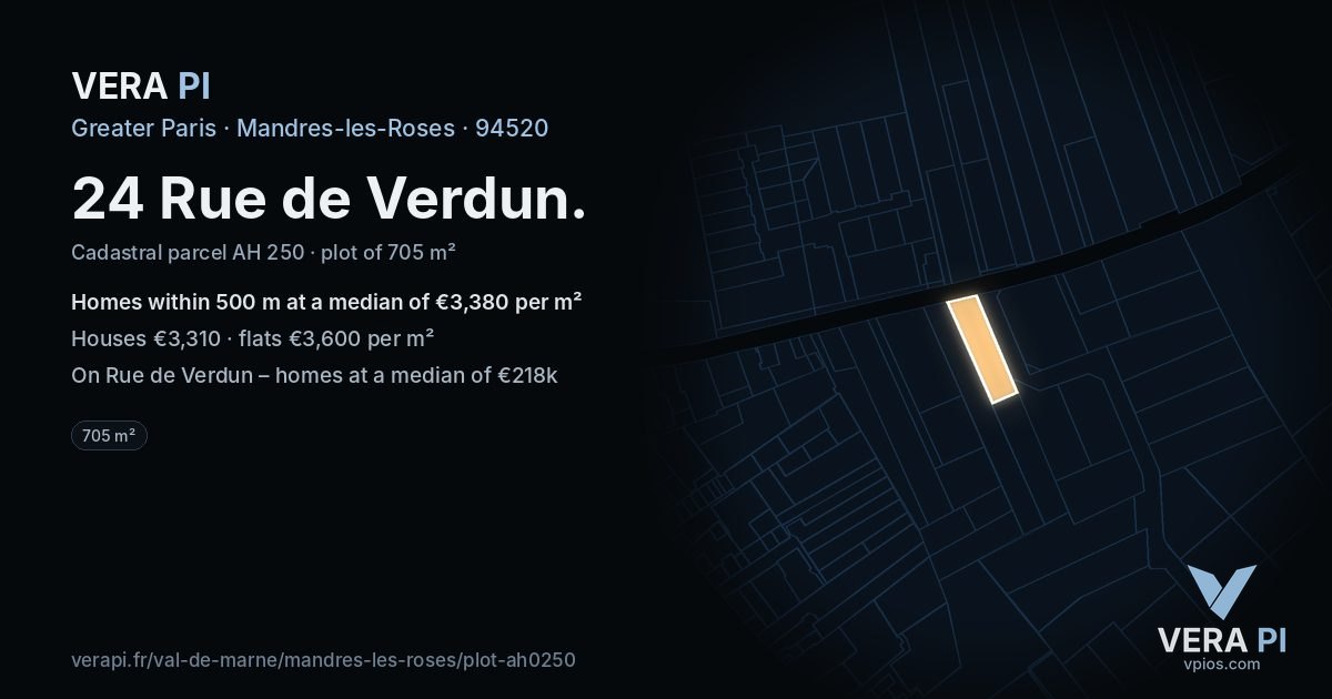 24 Rue de Verdun, Mandres-les-Roses at night – the plot lit, the parcels around coloured by the prices near them