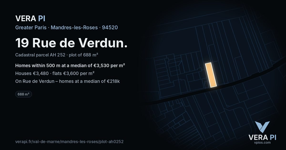 19 Rue de Verdun, Mandres-les-Roses at night – the plot lit, the parcels around coloured by the prices near them