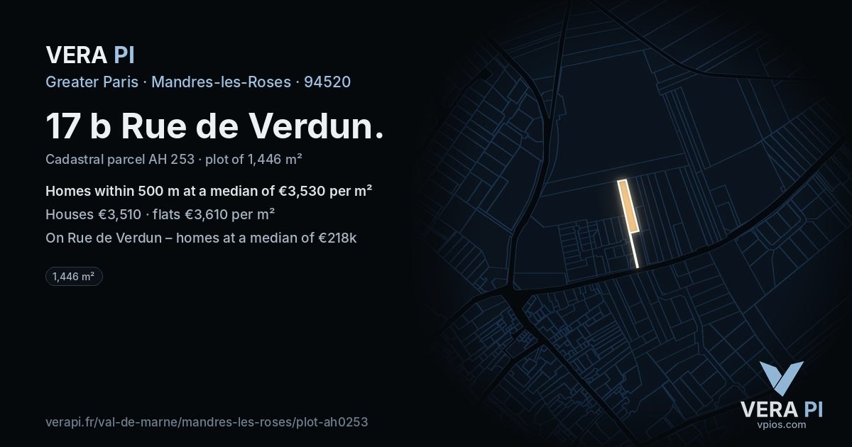 17 b Rue de Verdun, Mandres-les-Roses at night – the plot lit, the parcels around coloured by the prices near them