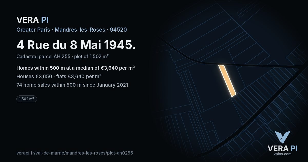 4 Rue du 8 Mai 1945, Mandres-les-Roses at night – the plot lit, the parcels around coloured by the prices near them