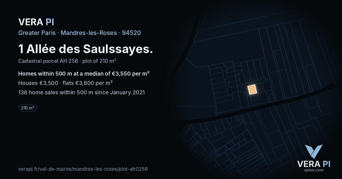 1 Allée des Saulssayes, Mandres-les-Roses at night – the plot lit, the parcels around coloured by the prices near them