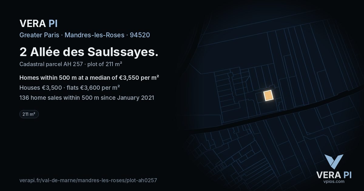 2 Allée des Saulssayes, Mandres-les-Roses at night – the plot lit, the parcels around coloured by the prices near them
