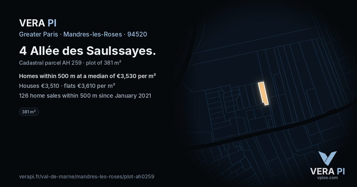4 Allée des Saulssayes, Mandres-les-Roses at night – the plot lit, the parcels around coloured by the prices near them