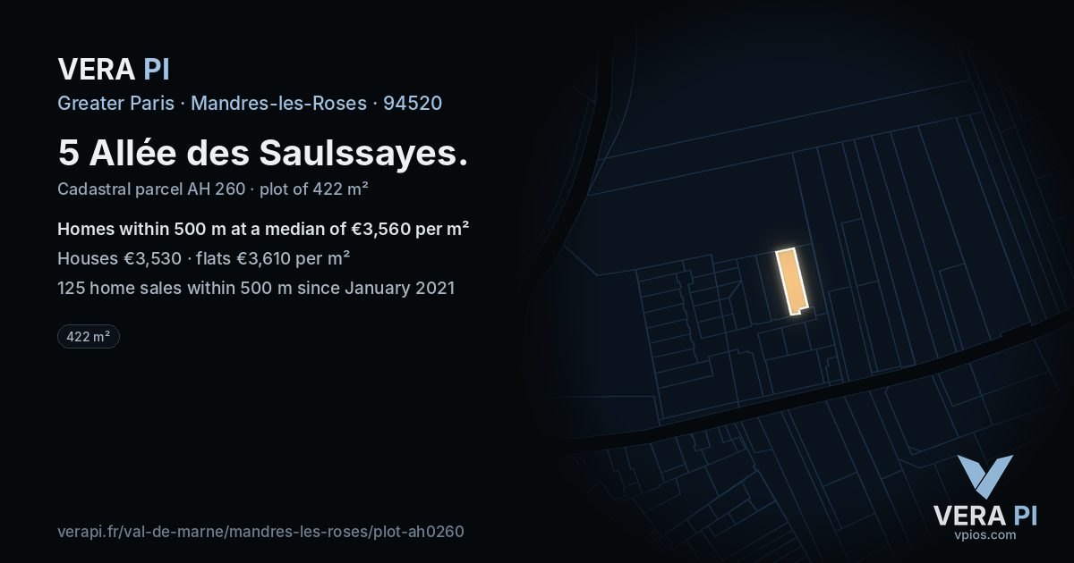 5 Allée des Saulssayes, Mandres-les-Roses at night – the plot lit, the parcels around coloured by the prices near them
