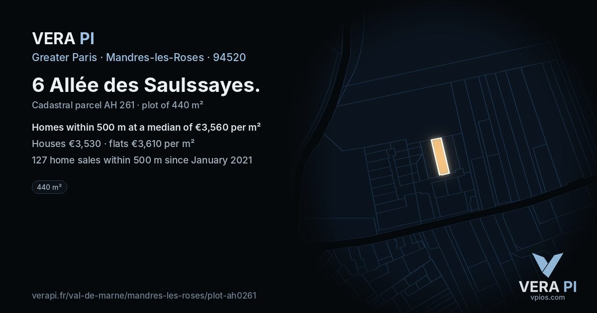 6 Allée des Saulssayes, Mandres-les-Roses at night – the plot lit, the parcels around coloured by the prices near them