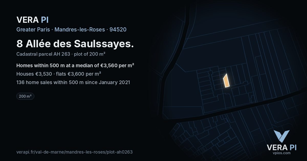 8 Allée des Saulssayes, Mandres-les-Roses at night – the plot lit, the parcels around coloured by the prices near them