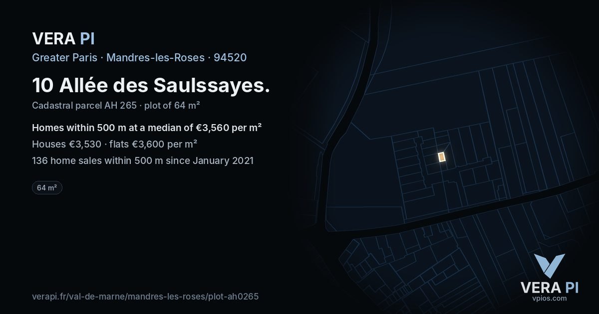 10 Allée des Saulssayes, Mandres-les-Roses at night – the plot lit, the parcels around coloured by the prices near them