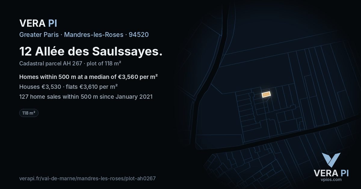 12 Allée des Saulssayes, Mandres-les-Roses at night – the plot lit, the parcels around coloured by the prices near them