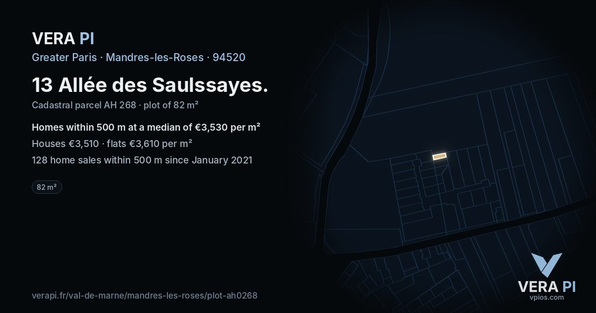 13 Allée des Saulssayes, Mandres-les-Roses at night – the plot lit, the parcels around coloured by the prices near them