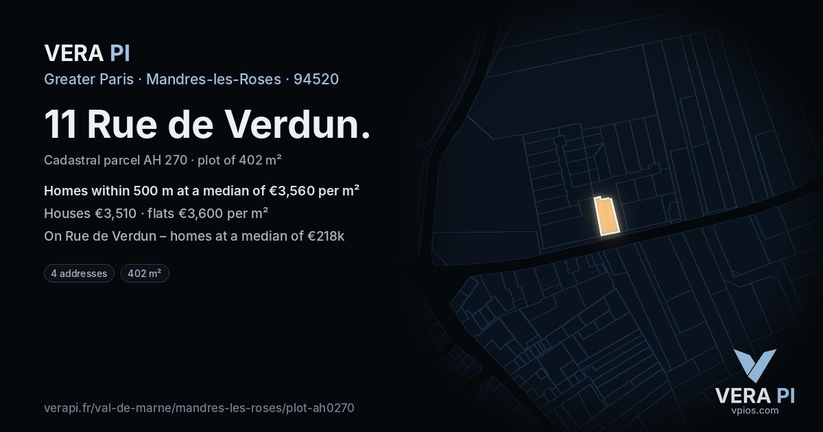 11 Rue de Verdun, Mandres-les-Roses at night – the plot lit, the parcels around coloured by the prices near them