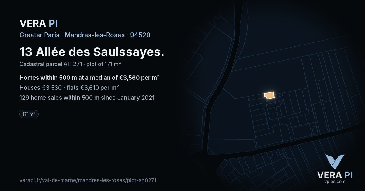 13 Allée des Saulssayes, Mandres-les-Roses at night – the plot lit, the parcels around coloured by the prices near them