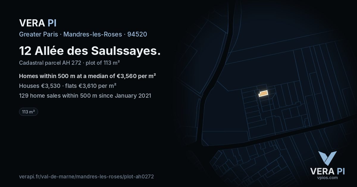 12 Allée des Saulssayes, Mandres-les-Roses at night – the plot lit, the parcels around coloured by the prices near them