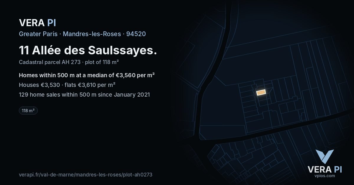 11 Allée des Saulssayes, Mandres-les-Roses at night – the plot lit, the parcels around coloured by the prices near them