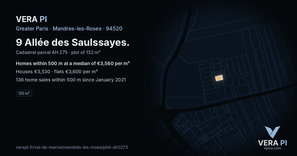9 Allée des Saulssayes, Mandres-les-Roses at night – the plot lit, the parcels around coloured by the prices near them