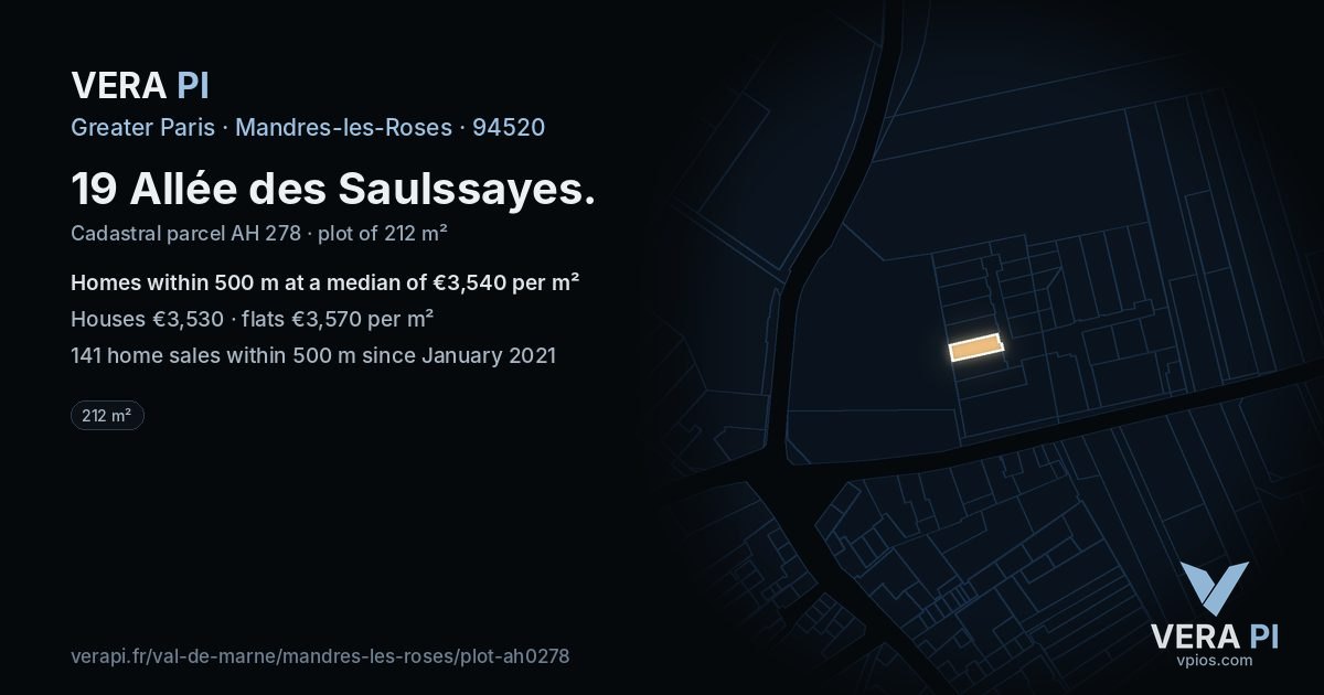 19 Allée des Saulssayes, Mandres-les-Roses at night – the plot lit, the parcels around coloured by the prices near them