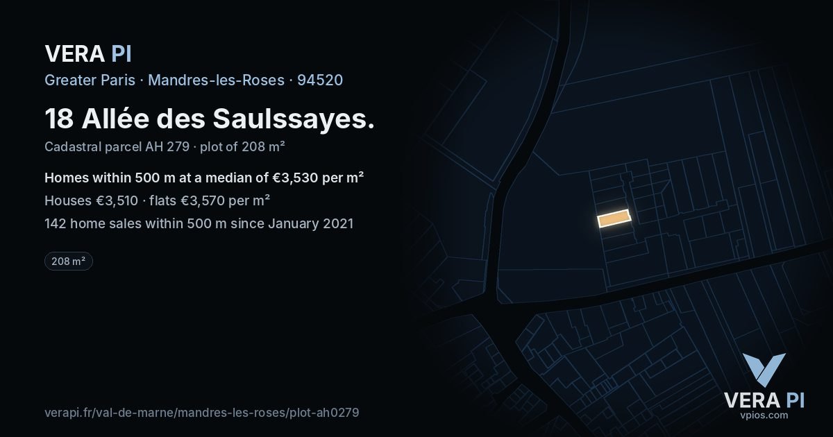 18 Allée des Saulssayes, Mandres-les-Roses at night – the plot lit, the parcels around coloured by the prices near them