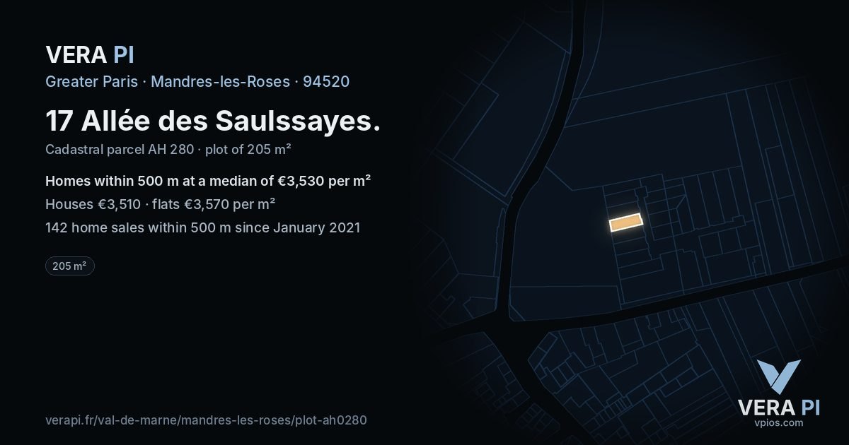 17 Allée des Saulssayes, Mandres-les-Roses at night – the plot lit, the parcels around coloured by the prices near them