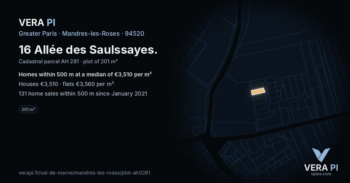 16 Allée des Saulssayes, Mandres-les-Roses at night – the plot lit, the parcels around coloured by the prices near them