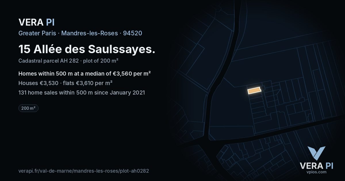 15 Allée des Saulssayes, Mandres-les-Roses at night – the plot lit, the parcels around coloured by the prices near them