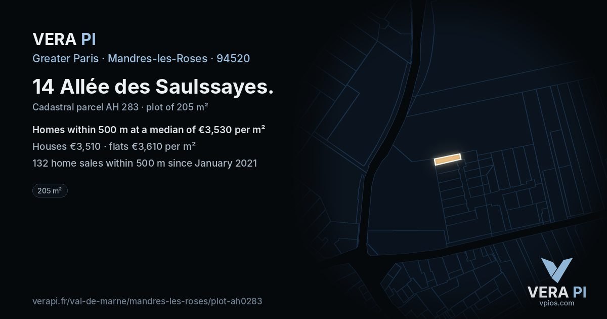 14 Allée des Saulssayes, Mandres-les-Roses at night – the plot lit, the parcels around coloured by the prices near them