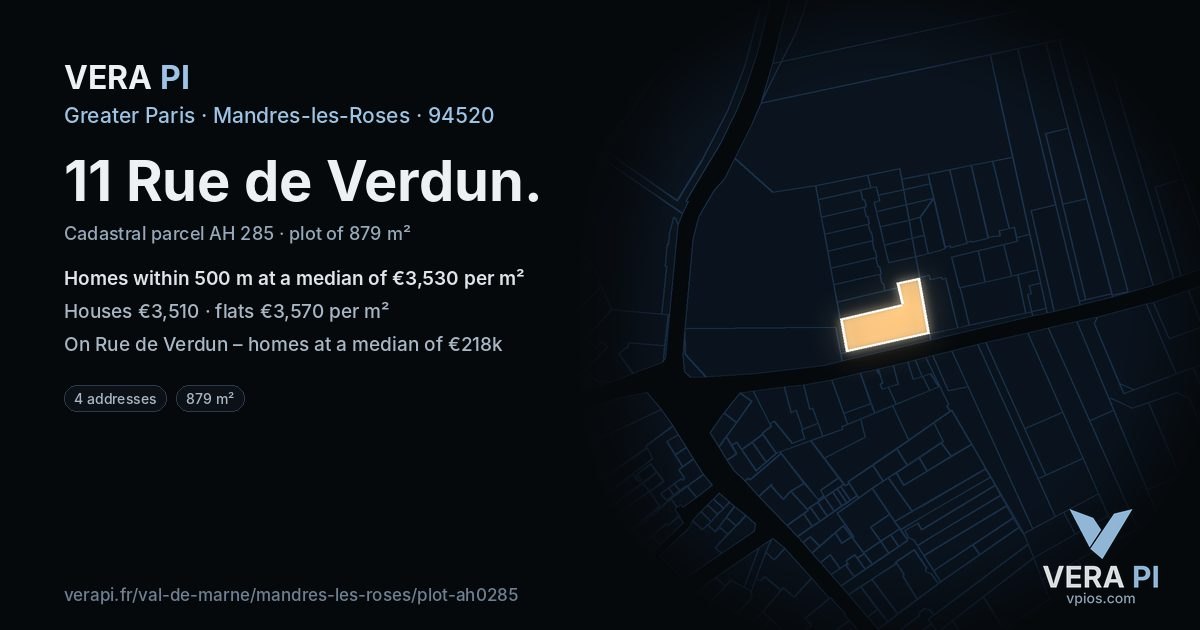 11 Rue de Verdun, Mandres-les-Roses at night – the plot lit, the parcels around coloured by the prices near them