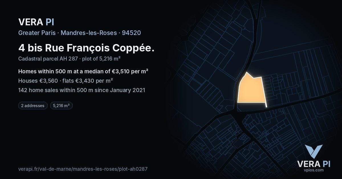 4 bis Rue François Coppée, Mandres-les-Roses at night – the plot lit, the parcels around coloured by the prices near them