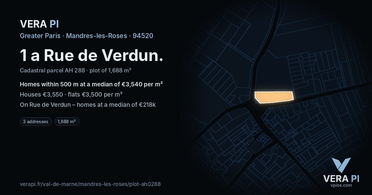 1 a Rue de Verdun, Mandres-les-Roses at night – the plot lit, the parcels around coloured by the prices near them