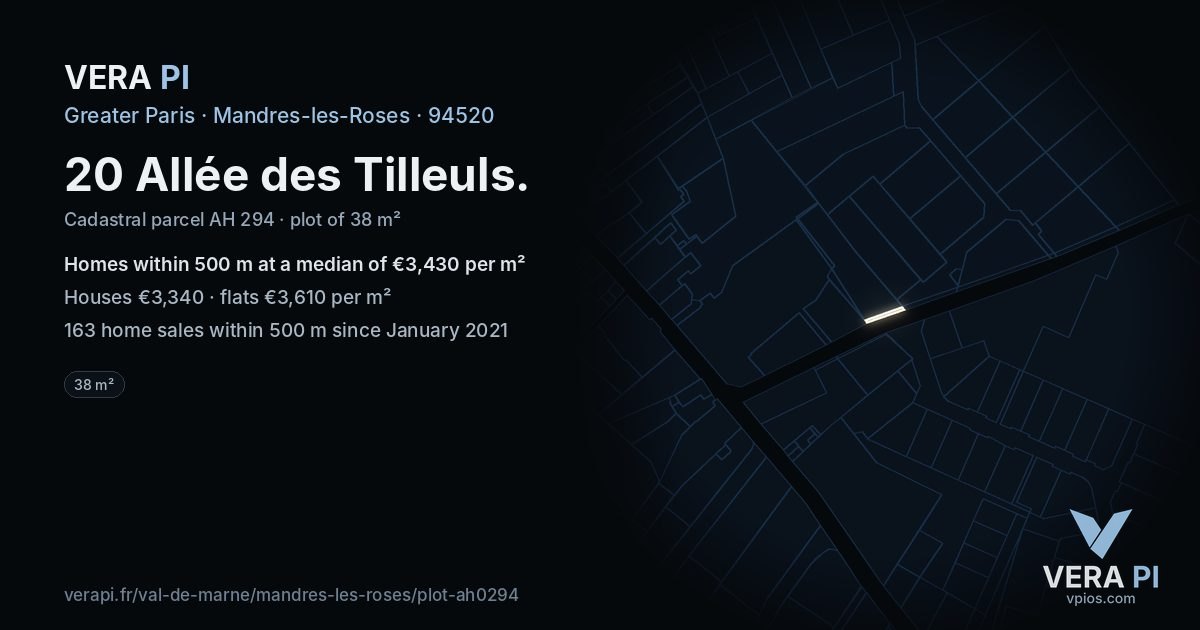 20 Allée des Tilleuls, Mandres-les-Roses at night – the plot lit, the parcels around coloured by the prices near them
