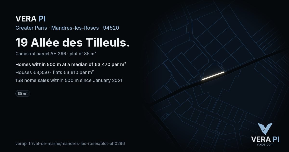 19 Allée des Tilleuls, Mandres-les-Roses at night – the plot lit, the parcels around coloured by the prices near them