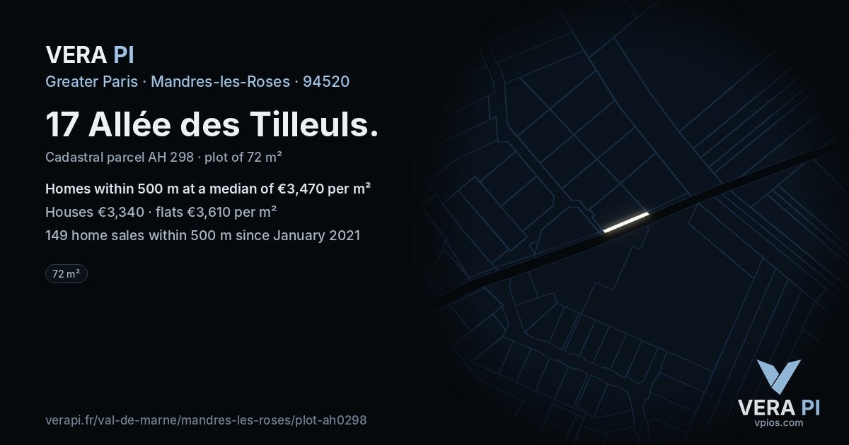 17 Allée des Tilleuls, Mandres-les-Roses at night – the plot lit, the parcels around coloured by the prices near them