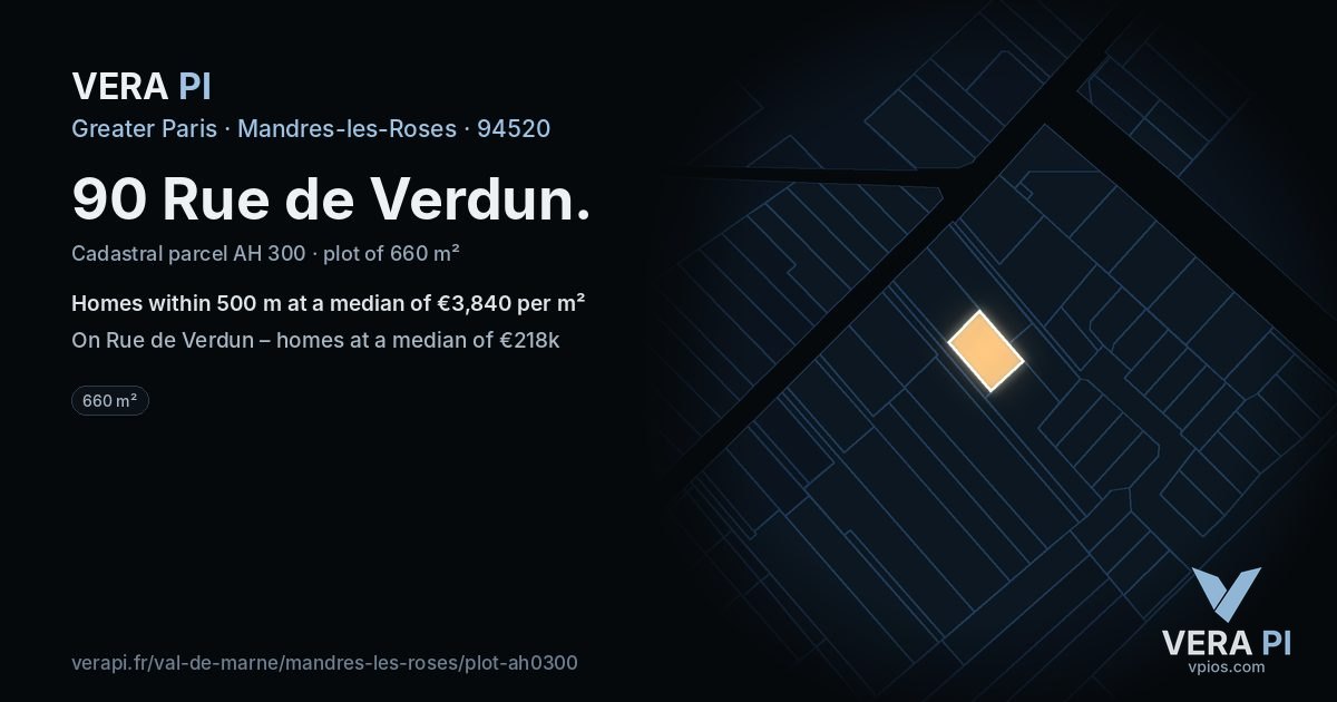 90 Rue de Verdun, Mandres-les-Roses at night – the plot lit, the parcels around coloured by the prices near them