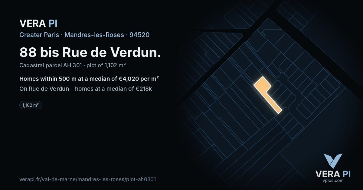 88 bis Rue de Verdun, Mandres-les-Roses at night – the plot lit, the parcels around coloured by the prices near them