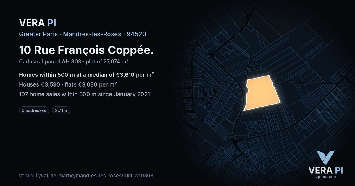 10 Rue François Coppée, Mandres-les-Roses at night – the plot lit, the parcels around coloured by the prices near them