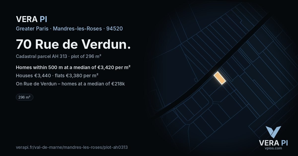 70 Rue de Verdun, Mandres-les-Roses at night – the plot lit, the parcels around coloured by the prices near them
