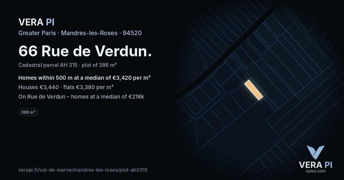 66 Rue de Verdun, Mandres-les-Roses at night – the plot lit, the parcels around coloured by the prices near them