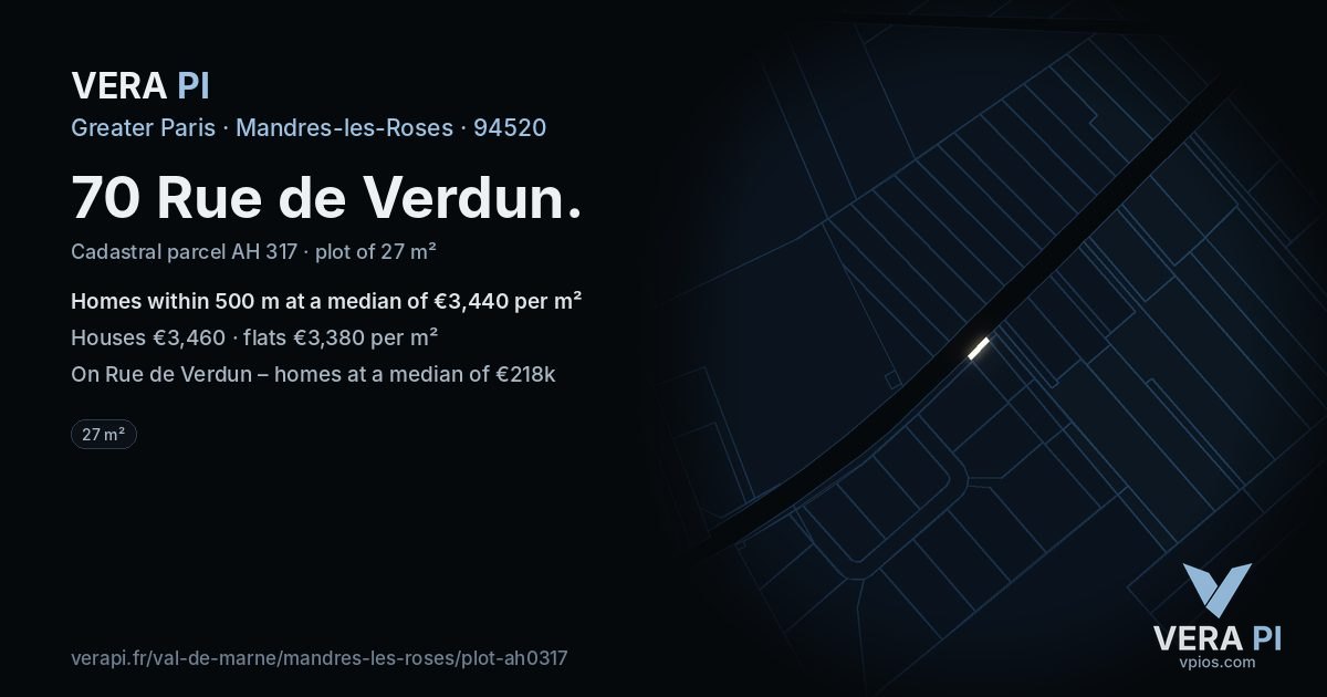 70 Rue de Verdun, Mandres-les-Roses at night – the plot lit, the parcels around coloured by the prices near them