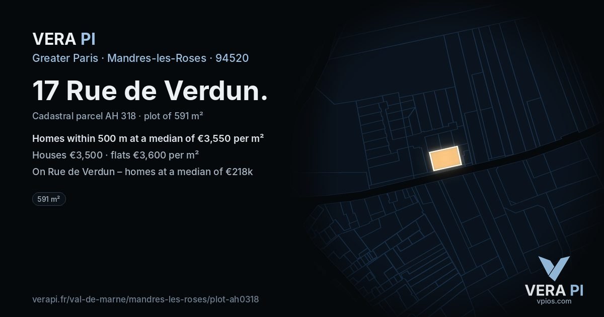 17 Rue de Verdun, Mandres-les-Roses at night – the plot lit, the parcels around coloured by the prices near them