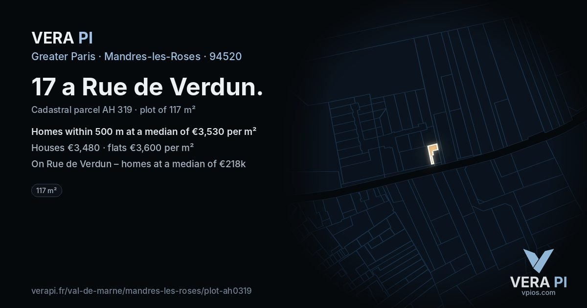 17 a Rue de Verdun, Mandres-les-Roses at night – the plot lit, the parcels around coloured by the prices near them