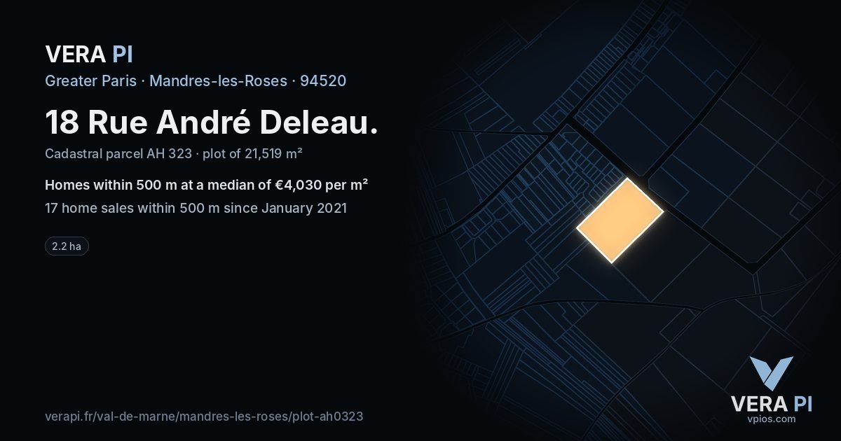 18 Rue André Deleau, Mandres-les-Roses at night – the plot lit, the parcels around coloured by the prices near them