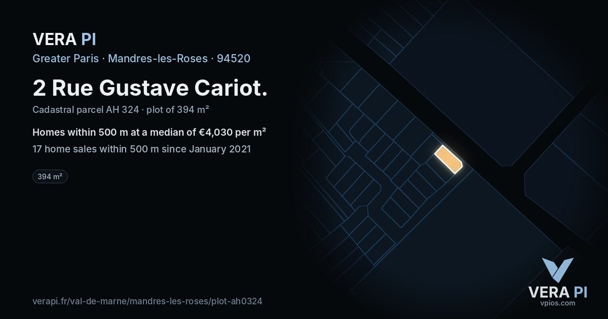 2 Rue Gustave Cariot, Mandres-les-Roses at night – the plot lit, the parcels around coloured by the prices near them