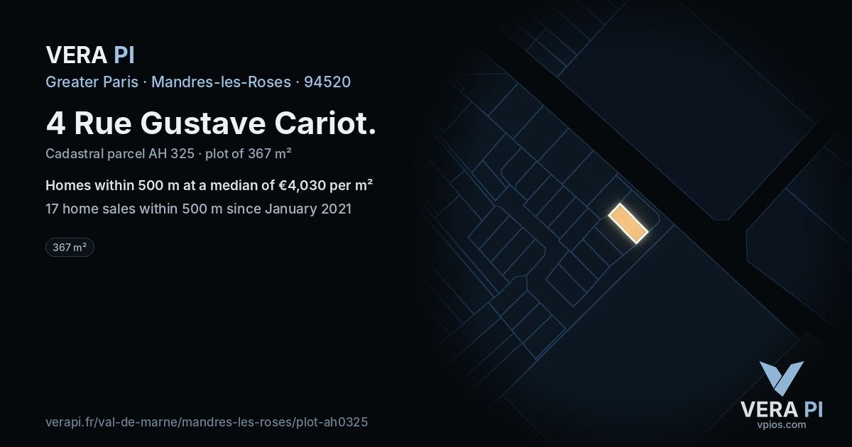 4 Rue Gustave Cariot, Mandres-les-Roses at night – the plot lit, the parcels around coloured by the prices near them