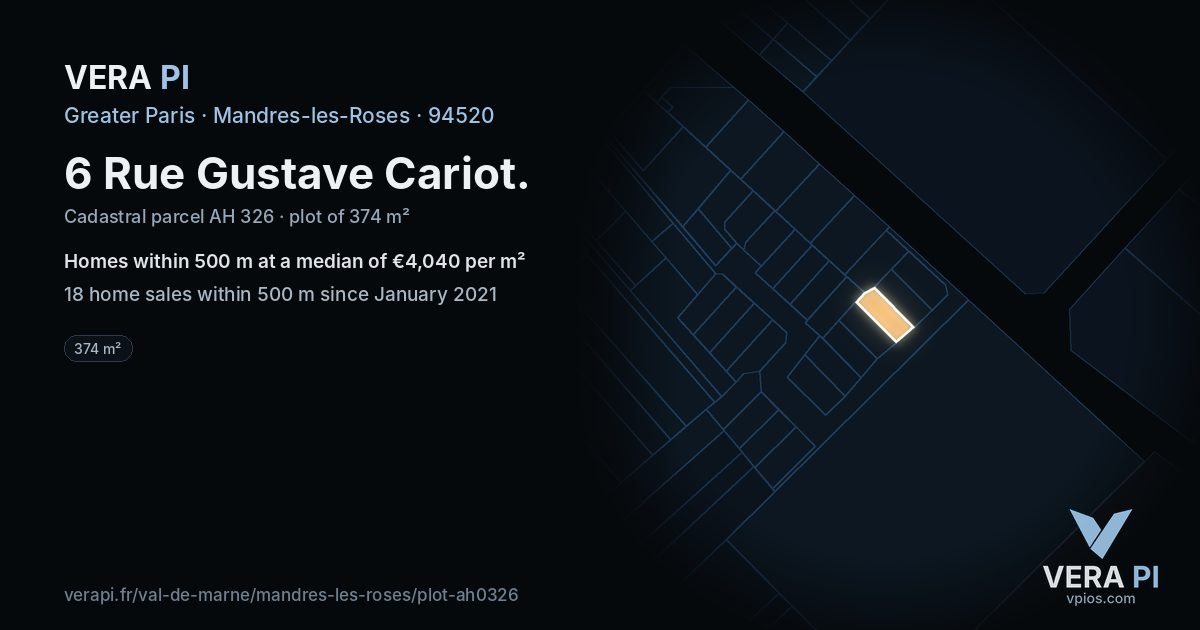 6 Rue Gustave Cariot, Mandres-les-Roses at night – the plot lit, the parcels around coloured by the prices near them