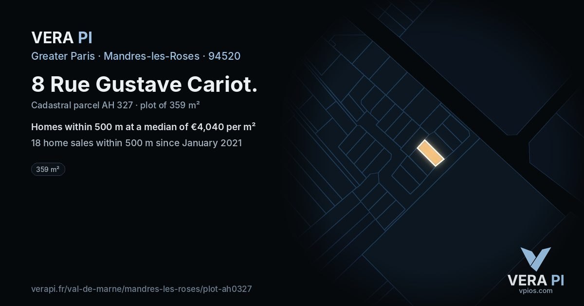 8 Rue Gustave Cariot, Mandres-les-Roses at night – the plot lit, the parcels around coloured by the prices near them