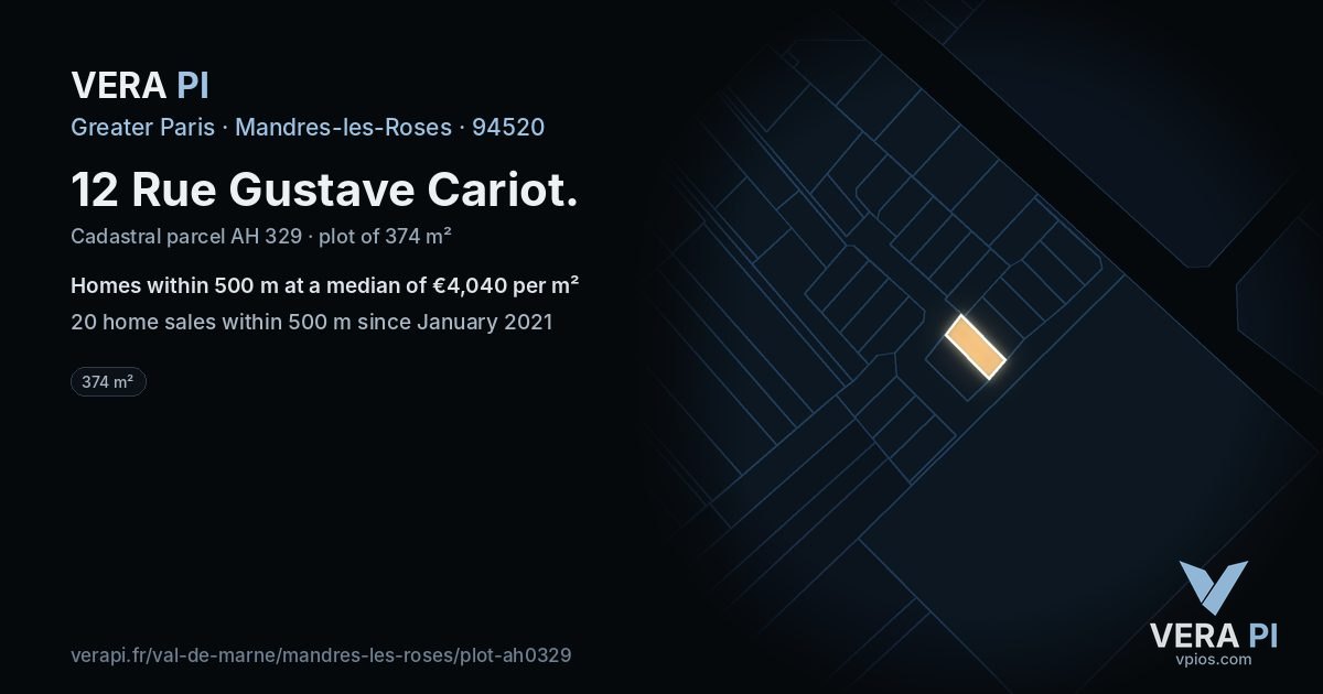 12 Rue Gustave Cariot, Mandres-les-Roses at night – the plot lit, the parcels around coloured by the prices near them