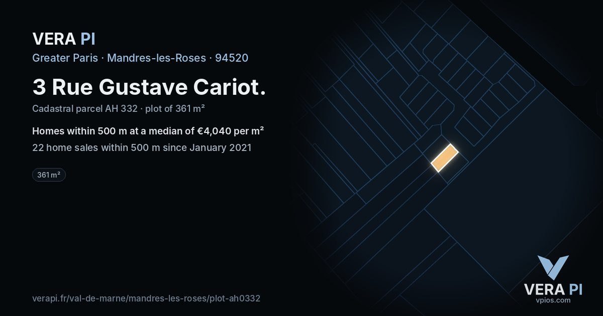 3 Rue Gustave Cariot, Mandres-les-Roses at night – the plot lit, the parcels around coloured by the prices near them