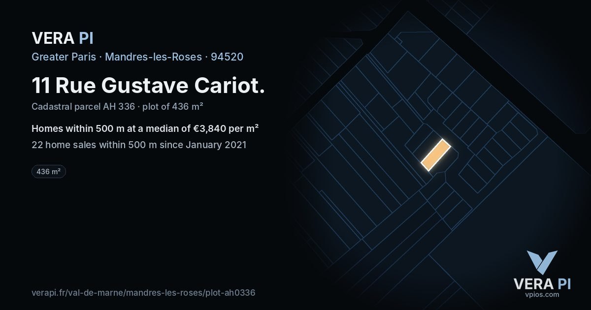 11 Rue Gustave Cariot, Mandres-les-Roses at night – the plot lit, the parcels around coloured by the prices near them