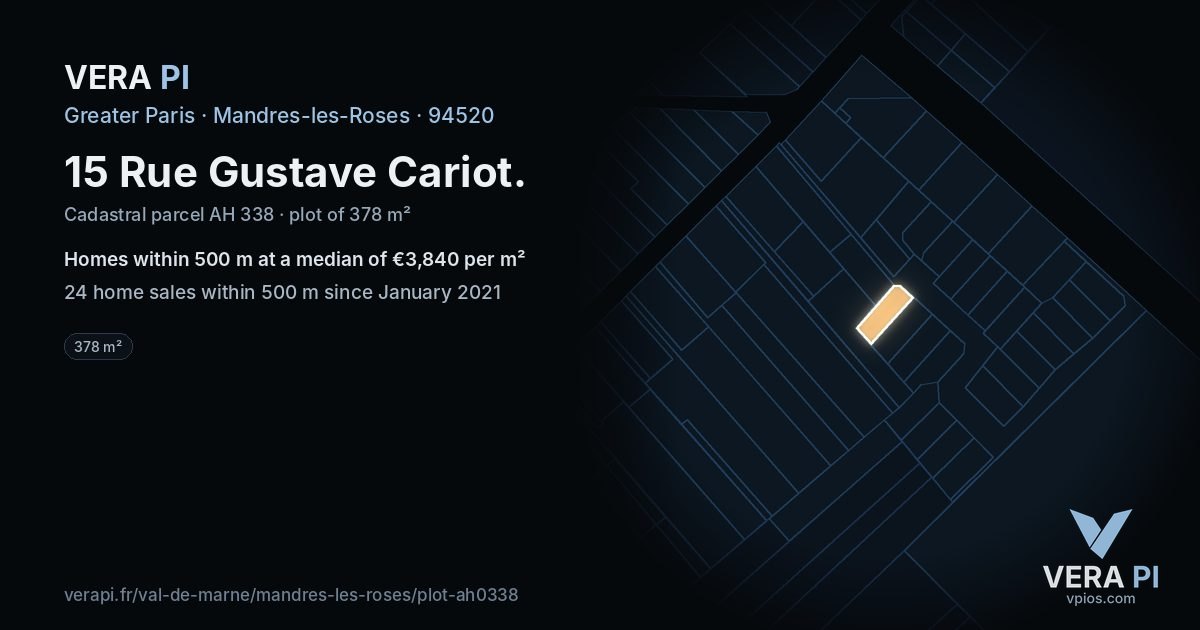 15 Rue Gustave Cariot, Mandres-les-Roses at night – the plot lit, the parcels around coloured by the prices near them