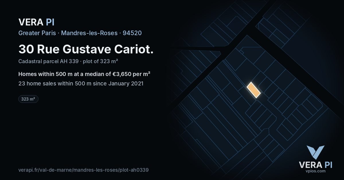 30 Rue Gustave Cariot, Mandres-les-Roses at night – the plot lit, the parcels around coloured by the prices near them