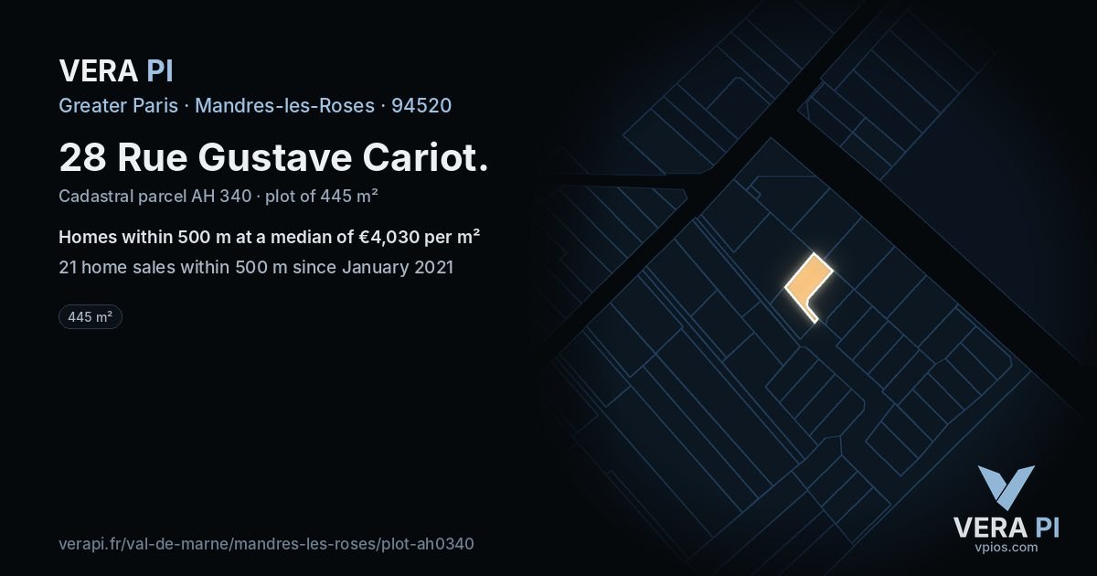 28 Rue Gustave Cariot, Mandres-les-Roses at night – the plot lit, the parcels around coloured by the prices near them