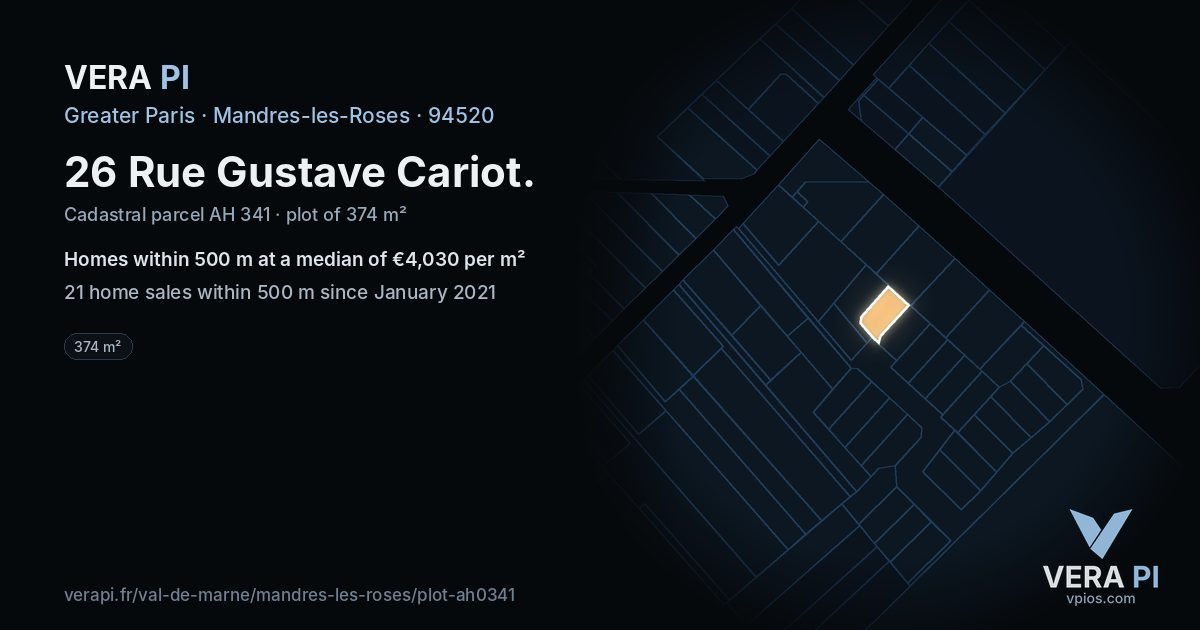 26 Rue Gustave Cariot, Mandres-les-Roses at night – the plot lit, the parcels around coloured by the prices near them
